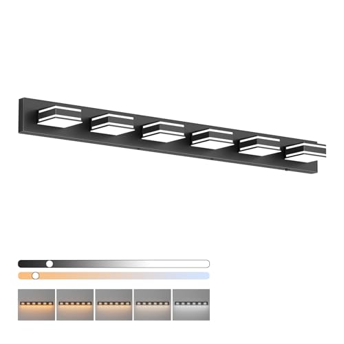 Ralbay 48inch Black Bathroom Vanity Light with 5 Color Temperatures (3000K-6000K) Dimmable Metal Acrylic Modern LED Matte Black Bathroom Lighting Over Mirror (6-Light) - color: Black-5 Color Temperature, size: 48 inch