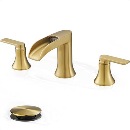 Brushed Gold Bathroom Faucet Waterfall, 4-16 Inch Brass Widespread Faucet for Bathroom Sink 3 Hole, 2 Handle Bathroom Sink Faucets for Modern Farmhouse Hotel with Pop-Up Drain & Supply Hose - color: Brushed Gold, style: WITH Pop Up Drain