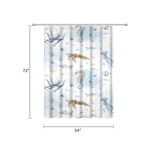 Yeele Ocean Creatures Watercolor Shower Curtain, Turtle Octopus Blue Print Shower Curtain, Waterproof Machine Washable Fabric Bath Curtain 54x72 Inch with Grommets and Hooks - color: Blue 1, size: 54"Wx72"L