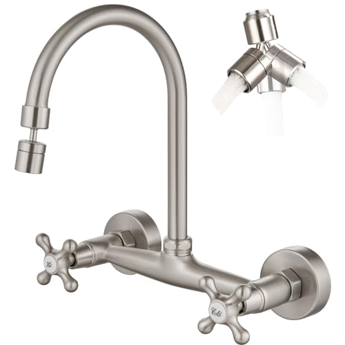 Airuida Brushed Nickel Wall Mounted Kitchen Faucet,Utility Sink Faucet | 8 Inch Adjustable Center,360° Swivel Spout,Wall Mount Commercial Faucet,Double Cross Handle - color: Brushed Nickel
