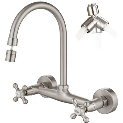 Airuida Brushed Nickel Wall Mounted Kitchen Faucet,Utility Sink Faucet | 8 Inch Adjustable Center,360° Swivel Spout,Wall Mount Commercial Faucet,Double Cross Handle - color: Brushed Nickel