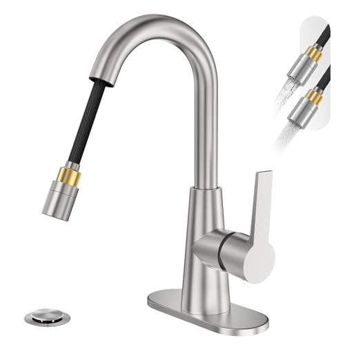 Tall Bathroom Faucets with Pull Down Sprayer, Brushed Nickel High Arc Single Handle Pull Out Faucet, 1 or 3 Hole Utility Sink Laundry Bar Faucet Pull Out with Deck Plate WE10CL-ZY-BN - color: Brushed Nickel