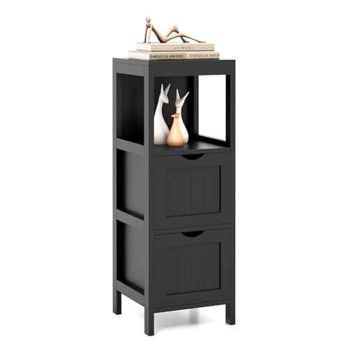 Tangkula Small Bathroom Storage Cabinet with 2 Removable Drawers, Wood Freestanding Floor Cabinet for Bathroom, Anti-Tipping Device, Side Corner Cabinet for Small Spaces (Black) - color: Black