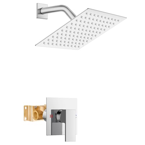 Airuida Chrome Polish Shower Faucet Set,8 Inch Shower Valve Kit | Square Showerhead,Female Thread Rough-in Valve,Bathroom Rain Shower System,Single Function Handle - color: Chrome Polish