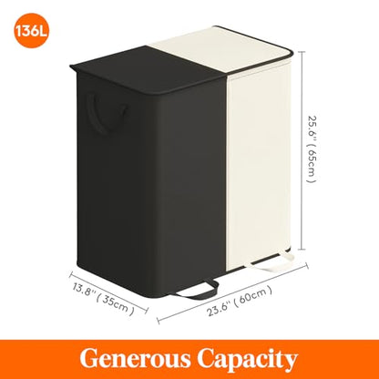 Lifewit Double Laundry Hamper with Lid and Removable Laundry Bags, Large Collapsible 2 Dividers Dirty Clothes Basket with Handles for Bedroom Laundry Room Closet Bathroom College, 136L White&Black - color: White&black, size: 136L