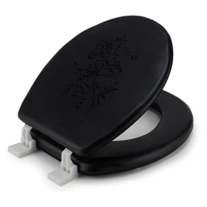 J&V Textiles Embroidered Soft Round Toilet Seat With Easy Clean & Change Hinge, Padded (Black) - color: Black
