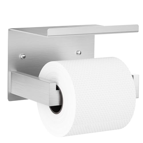Auxmir Toilet Paper Holder with Shelf, Self Adhesive or Screw Mount, Silver | rustproof SUS304 stainless steel with phone shelf, square anti-slip bar, fits mega rolls, adhesive or screw installation - color: Tp Holder With Shelf-silver