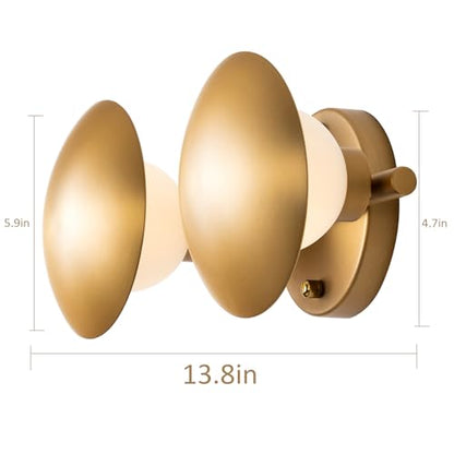 Modern Gold Mushroom Wall Sconces, Globe Spherical Wall Lamp | Mid Century, Small Brass Vanity, Single Ball Lights Fixture, Contemporary Milk Glass - color: Gold, size: 2 Heads
