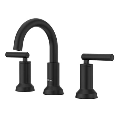 Pfister Capistrano Widespread 3 Hole Matte Black Bathroom Sink Faucet with 2 Handles Push & Seal Drain NSF Certified Spot Defense Finish Farmhouse Style Vanity LF049CSOSDB - color: Spot Defense Matte Black, size: 1 Pack