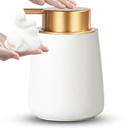 Foaming Soap Dispenser - 12 Oz White Ceramic Foam Hand Soap Dispenser for Bathroom, Face Wash Dispenser Bottle with Matte Golden Foam Pump, Refillable Dish Dispenser for Kitchen - color: White-golden