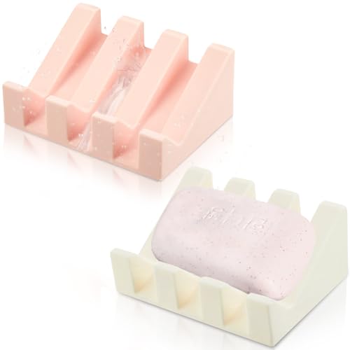 2 Pieces Silicone Soap Dish Self Draining Soap Dish Shower Waterfall Bar Soap Holder Tray with Drain Soap Saver for Kitchen Bathroom Accessories (Light Pink,Bright White) - color: Light Pink, Bright White