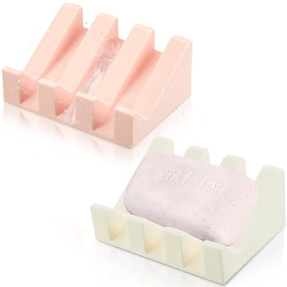 2 Pieces Silicone Soap Dish Self Draining Soap Dish Shower Waterfall Bar Soap Holder Tray with Drain Soap Saver for Kitchen Bathroom Accessories (Light Pink,Bright White) - color: Light Pink, Bright White