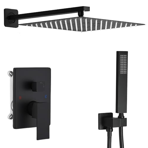 Matte Black Shower System 10 Inch Bathroom Luxury Rain Mixer Shower Combo Set Wall Mounted Rainfall Shower Head and Handheld System Shower Faucet Rough-in Valve Body and Trim Kit - color: Matte Black, size: 10 Inch