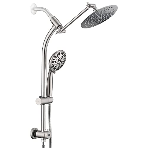 Rainfall 8 Inch Round Shower Head with High Pressure Handheld Spray Combo, Drill-Free Slide Bar with Adjustable Shower Extension Arm, 3-Way Diverter for Easy Reach, 5Ft Hose- Brushed Nickel - color: Brushed Nickel