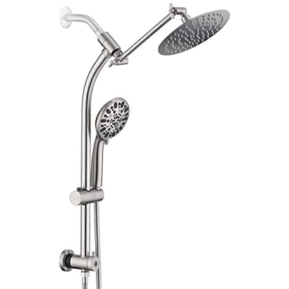 Rainfall 8 Inch Round Shower Head with High Pressure Handheld Spray Combo, Drill-Free Slide Bar with Adjustable Shower Extension Arm, 3-Way Diverter for Easy Reach, 5Ft Hose- Brushed Nickel - color: Brushed Nickel