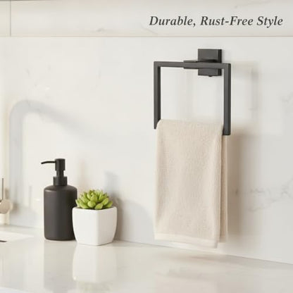 Homeowners Square Towel Ring, Stainless Steel Wall Mount Hand Towel Holder for Bathroom Vanity - color: Black