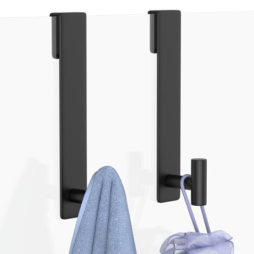 PMMASTO 10 Inch Extended Shower Door Hooks for Frameless Glass Bathroom, Stainless Steel Heavy Duty Over Door Towel and Robe Hanger (Black, Fits 3/8" Thick Door- T Shape) - color: Black, size: 10 Inch-2 Pack, Fits 3/8" Thick Door
