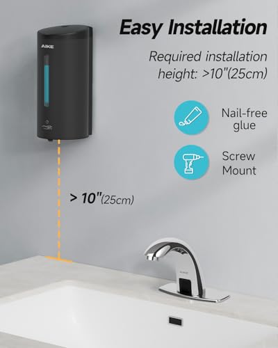 AIKE Automatic Foaming Soap Dispenser 25oz for Bathroom,Matteblack AK1205FA | Rich Foam and Stainless Steel,No-drill and Screw Wall Mount,5-Level Adjustable and Key for Commercial(Batteries Not Included) - color: Matte Black Stainless Steel