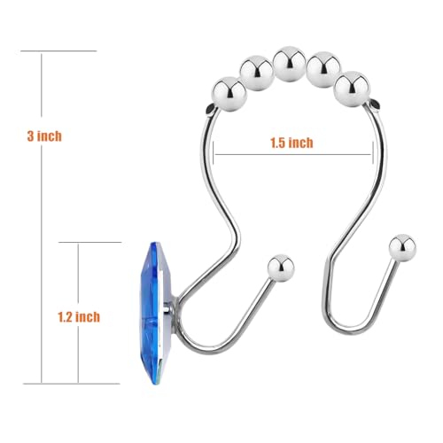 Shower Curtain Hooks Rings for Bathroom, 12PCS Double Hooks Glide Anti Rust Crystal Rhinestones Shower Curtain Rings Hangers for Shower Curtains, Clothing, Towels, etc. (Blue) - color: Blue