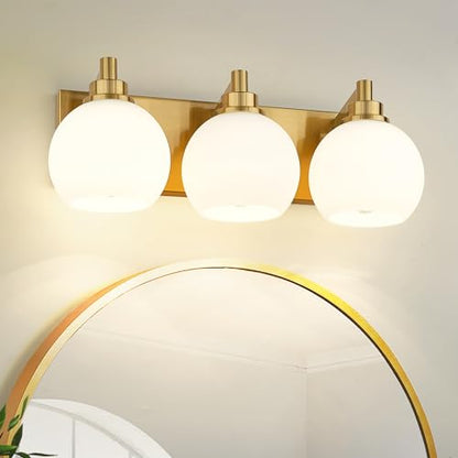 Bathroom Light Fixtures, 3-Light Brushed Gold Vanity Light, Modern Wall Sconces with Milk White Globe Glass Shade, Vanity Lighting Fixtures Over Mirror, VL195-BG-ML-3 | 18" modern bathroom light fixtures over mirror, E26 base, bulbs not included, VL195-BG