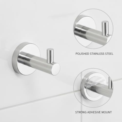 Wall Hook Stainless Steel Adhesive Mount for Bathroom Tile and Glass, Drill-Free Holder for Wet Towels and Robes (1 Piece) - size: 2.64 x 1.97 x 2.44 in