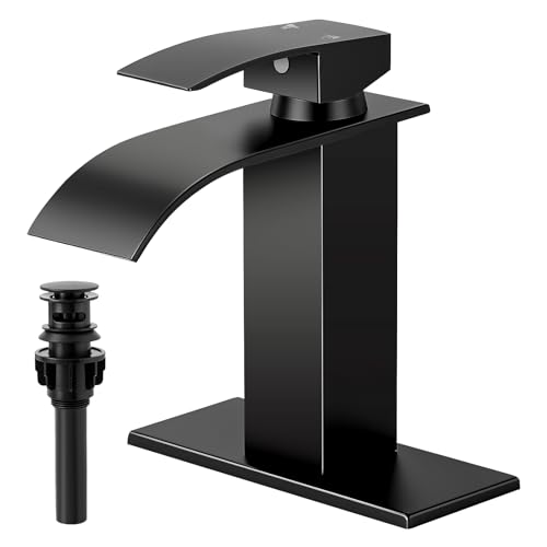 Matte Black Bathroom Faucets, Waterfall Bathroom Sink Faucet | Single Handle, Stainless Steel, Vanity Faucet with Deck Plate, Pop-up Drain, For 1 or 3 Hole, RV, Farmhouse - color: A-Black