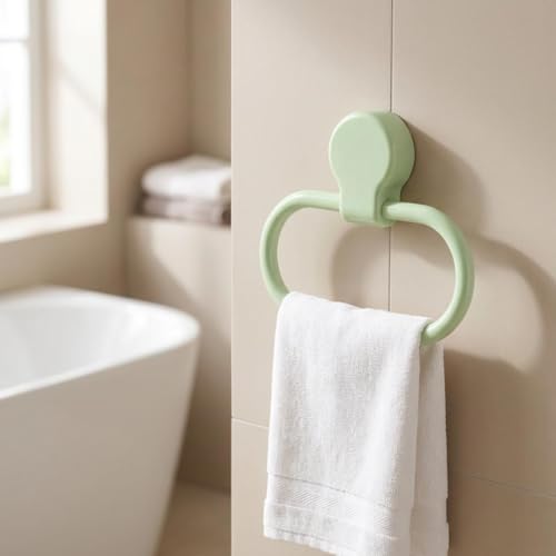 Green Adhesive Towel Ring, No-Drill ABS Hand Towel Holder for Bathroom & Kitchen