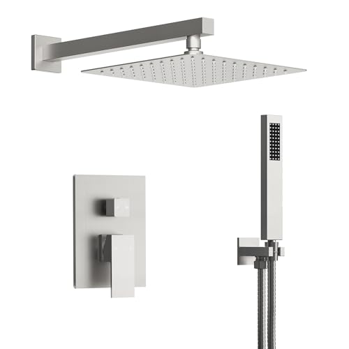 10" High-Pressure Rainfall Shower System with Handheld Spray, Wall Mount Bathroom Shower Faucet Set with Valve (Brushed Nickel) - color: Brushed Nickel