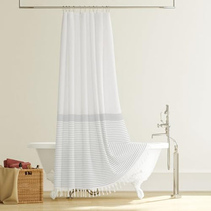 78 Inches Long Shower Curtain, Farmhouse Boho Striped Fabric Tassel Shower Curtains for Bathroom, Tall Bohemian Textured Waterproof Cloth Shower Curtain Set with Hooks, Grey, 72x78 - color: Grey, size: 72"W x 78"L (Pack of 1)