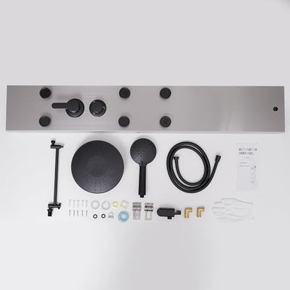 Rainfall Shower Head Shower Tower System Adjustable Head 9 Inch Round,Stainless Steel with 6 Body Jets Massage, 3 IN 1 Bathroom Shower Wall Mount, Brushed Nickel and Black - color: Brushed Nickel with Black