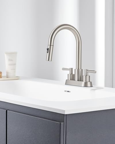 Bathroom Sink Faucet with Pull Out Sprayer - 4 Inch Lead-Free Bathroom Faucets for 3 Hole Sink, Brushed Nickel 2 Handle Vanity Sink Faucet Bathroom with Pop Up Drain