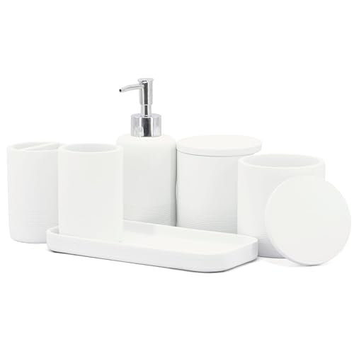 White Bathroom Accessories Set 6 Pieces - Toothbrush Holder, Lotion Dispenser, Qtip Container, Vanity Tray, Tumbler - Countertop Organizer for Bathrooms - Elegant and Functional Décor Set - color: White, size: 6pcs
