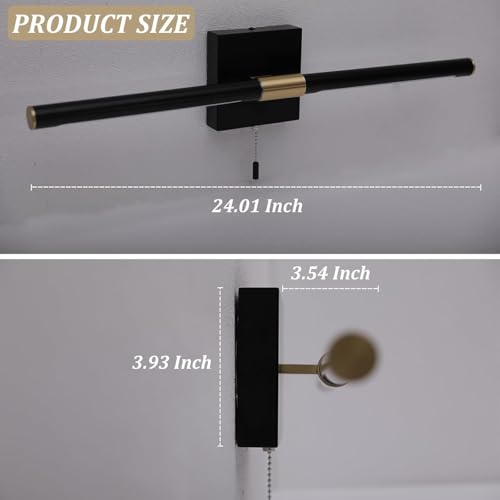24 Inch Black and Gold Bathroom Vanity Light with Pull Chain Switch, Modern Over Mirror Wall Sconces Lighting, 6000K 360° Bath Light Fixture with Adjustable Lamp Tubes