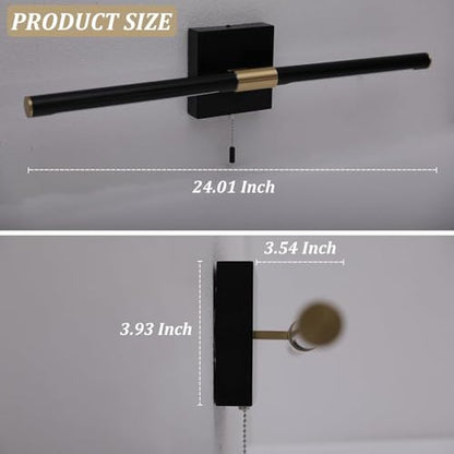 24 Inch Black and Gold Bathroom Vanity Light with Pull Chain Switch, Modern Over Mirror Wall Sconces Lighting, 6000K 360° Bath Light Fixture with Adjustable Lamp Tubes
