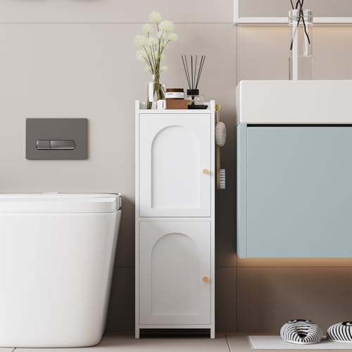 Arbuxzuy Small Bathroom Storage Cabinet with 2 Doors and Adjustable Shelf | White Corner Floor Cabinet, Narrow Toilet Paper Cabinets with 2Hooks,Toilet Organizer for Small Spaces, 7.87"D*9.84"W*29.72"H - color: White