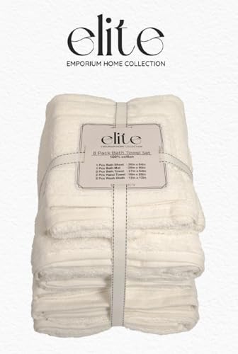 ELITE Emporium Home Collection 8-Piece Cotton Bath Towel Set - Ultra Soft, 550 GSM, Quick-Dry Towels - Bath Sheet, Bath Towels, Hand Towels, Washcloths, Bath Mat - Luxury Bathroom Towel Set (White) - color: White