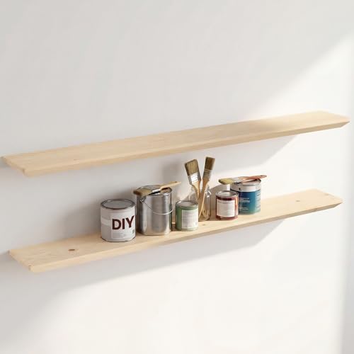 Acovy 48in Solid Spruce Wood Floating Shelves with Beveled Bottom Edges, Wooden Floating Shelf with Heavy-Duty Bracket for Living Room Bathroom Bedroom Kitchen, Rustic Natural, DIY Available, 2 Packs - color: Rustic Natural, size: 48"-2 Packs