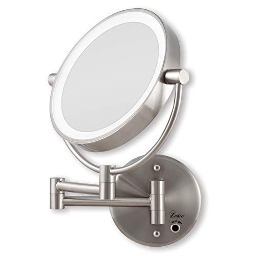Zadro 9" Round Battery Operated LED Wall Mounted Makeup Mirror, 10X/1 or 5X/1 Vanity Mirrors for Wall, Arm Extends +16"