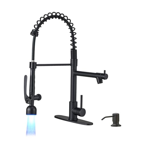 Fapully LED Commercial Kitchen Faucets with Pull Down Sprayer Matte Black | Single Handle Faucet for Kitchen Sink, Kitchen Faucet with Soap Dispenser and Deck Plack for 4 Hole - color: Matte Black, style: Rustic
