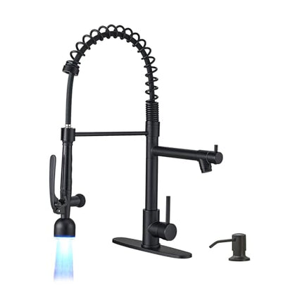 Fapully LED Commercial Kitchen Faucets with Pull Down Sprayer Matte Black | Single Handle Faucet for Kitchen Sink, Kitchen Faucet with Soap Dispenser and Deck Plack for 4 Hole - color: Matte Black, style: Rustic