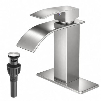 VOTON Waterfall Bathroom Faucet, Brushed Nickel 1-Hole with Deck & Drain | | SUS304 Stainless Steel | Rust-Resistant | Waterfall Flow - color: Brushed Nickel, size: Short