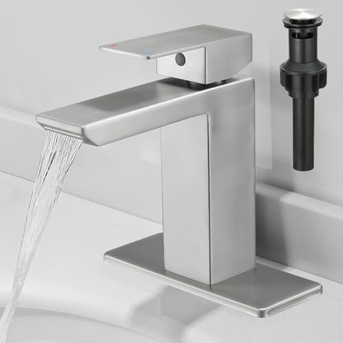 RUMOSE Bathroom Faucets 1 & 3 Hole Vanity Faucet with Drain Brushed Nickel | Single Handle Bathroom Sink Faucet Set Waterfall Spout Kit with Deck Plate Rv Lavatory Basin Faucet, Stainless Steel - color: Brushed Nickel