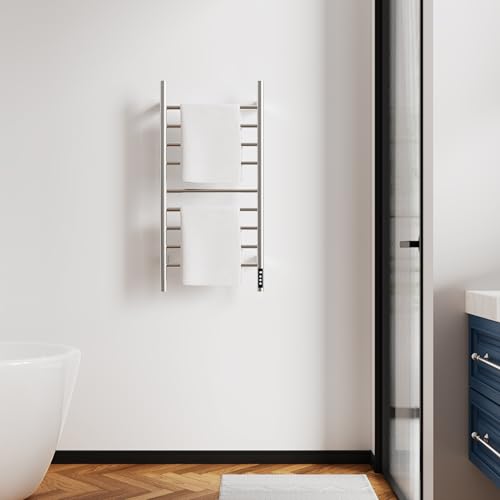 Brushed Nickel 9-Bar Heated Towel Rack with Smart Touch Screen Timer 304 Stainless Steel Wall Mounted Bathroom Towel Warmer Plug-in/Hard-Wired Waterproof IPX4