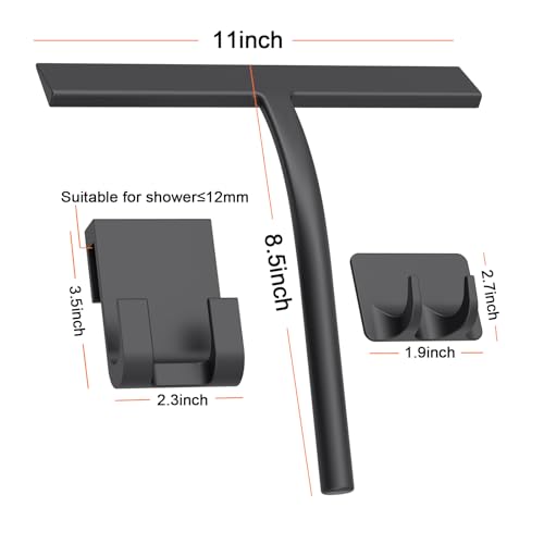 Silicone Shower Squeegee, Black, 11inch | All-Purpose, With Hook, For Shower Glass Door Window Mirror Tile Car Walls - size: 11 inch(2 hooks)