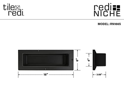Tile Redi USA Niche Single Recessed Shower Shelf – Black, One Inner Shelf, 16-Inch Width x 6-Inch Height x 4-Inch Depth (RN166S-BI) - size: 6" H x 16" W (1 Shelf)