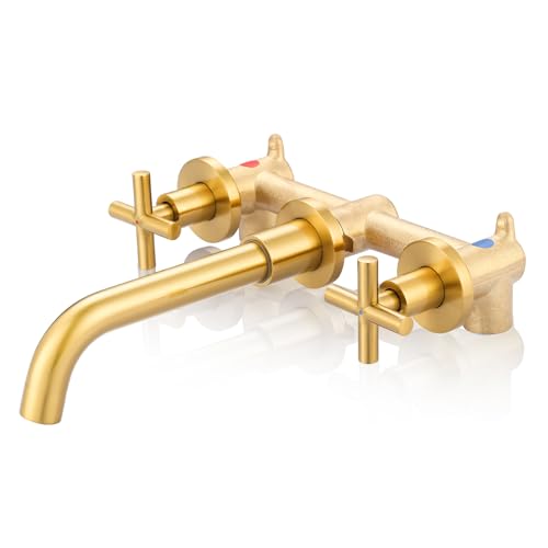 ARCORA Wall Mount Bathroom Faucet, Brushed Gold Bathroom Sink Faucet, 2 Handle Wall Mount Vessel Sink Faucet Rough in Brass Valve Included - color: Brushed Gold, size: Dual Handle