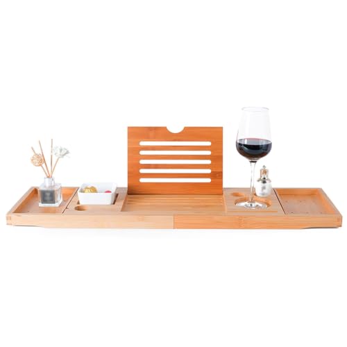 Bathtub Caddy Tray, Bamboo, Waterproof, Expandable | Adjustable shelf, fits over tub, holds book/tablet/wine glass, easy to clean