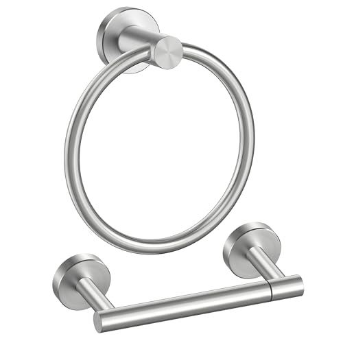 FORIOUS Toilet Paper Holder and Towel Ring Set, Bathroom Accessories Set | Brushed Nickel | Double Post Pivoting Toilet Paper Holder Wall Mounted and Hand Towel Ring | SUS304 Stainless Steel | Round - color: Stainless Steel, size: Classic