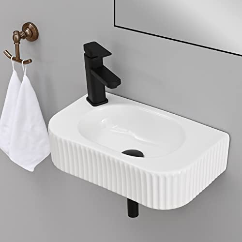 Bathroom Vessel Sink Rectangular Wall Mount Sink White Wall Mounted Bathroom Sink with Faucet and Drain White Porcelain Ceramic Washing Small - color: White 1