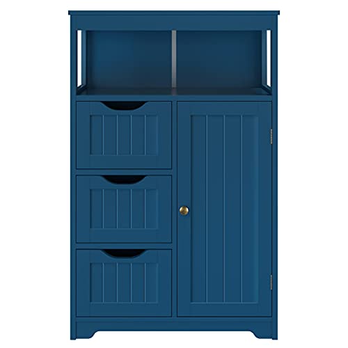 Topeakmart Free Standing Wood Bathroom Floor Cabinet, Navy Blue | Storage Cabinet with 3 Drawers and Cupboard, for Hallway/Entryway/Living Room Accent Furniture - color: Navy Blue